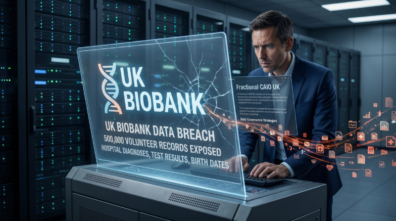 A dramatic photograph inside a dimly lit server room showing a concerned executive looking at a futuristic, cracked glass display. The screen clearly shows the text 'UK BIOBANK DATA BREACH', with details indicating '500,000 VOLUNTEER RECORDS EXPOSED' including 'HOSPITAL DIAGNOSES, TEST RESULTS, BIRTH DATES'. To the right, a smaller overlay highlights the text 'Fractional CAIO UK' and 'Data Governance Strategies' as a direct visual tie to the blog post topic.